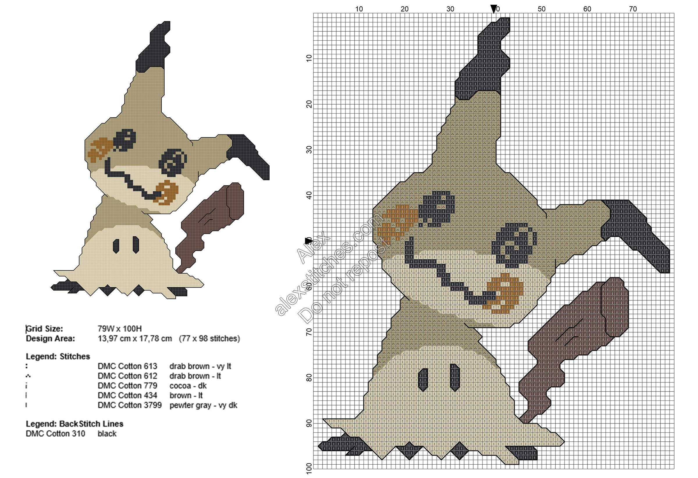 Mimikyu Pokemon Sun Moon free cross stitch pattern 77x98