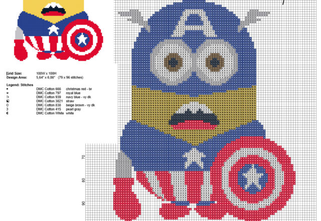 Minion Captain America from cartoon Despicable Me free cross stitch pattern 79 x 96 stitches 7 DMC threads colors