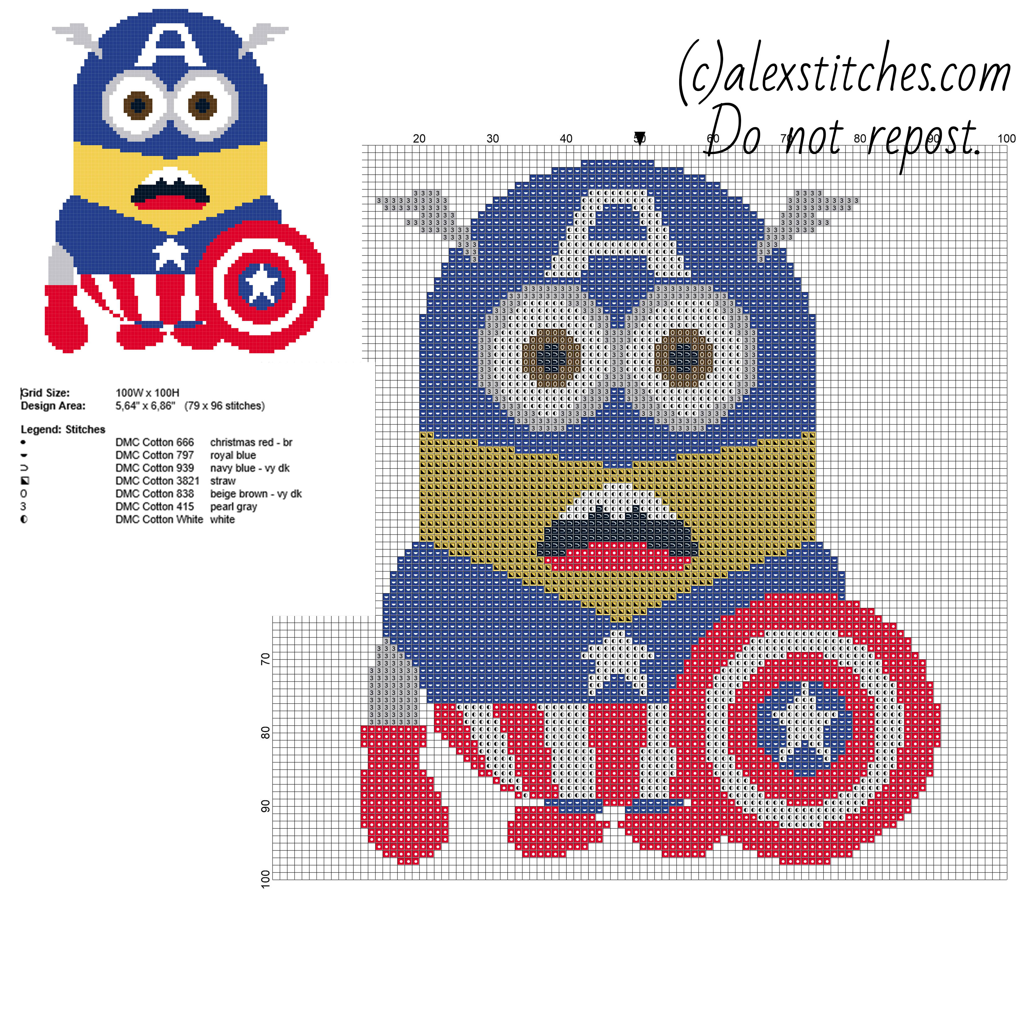 Minion Captain America from cartoon Despicable Me free cross stitch pattern 79 x 96 stitches 7 DMC threads colors