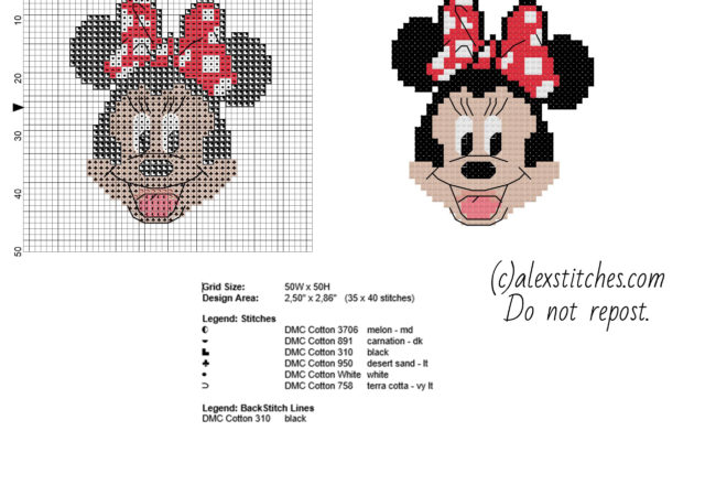 Minnie Mickey Mouse cartoon character free small cross stitch pattern