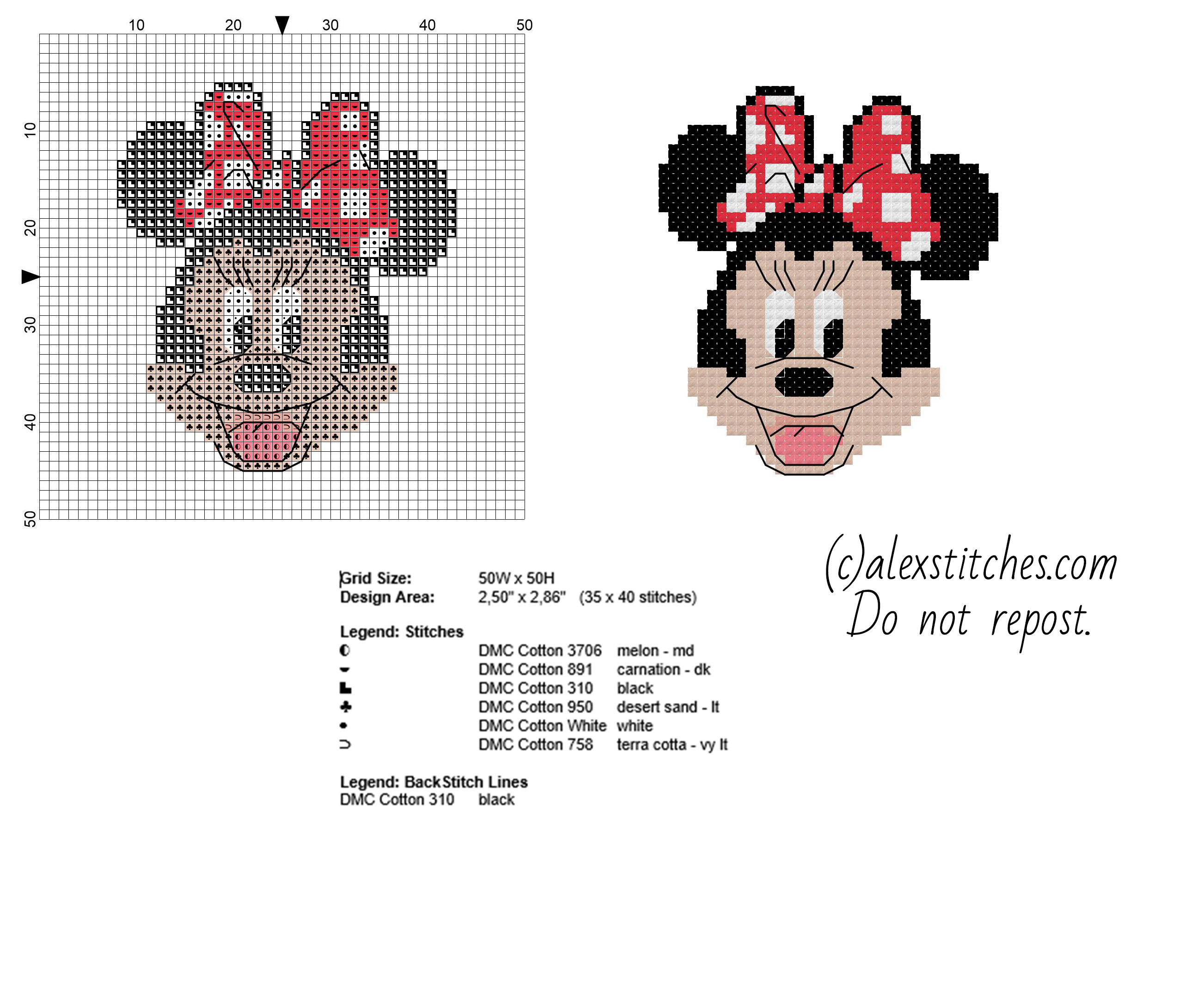 Minnie Mickey Mouse cartoon character free small cross stitch pattern