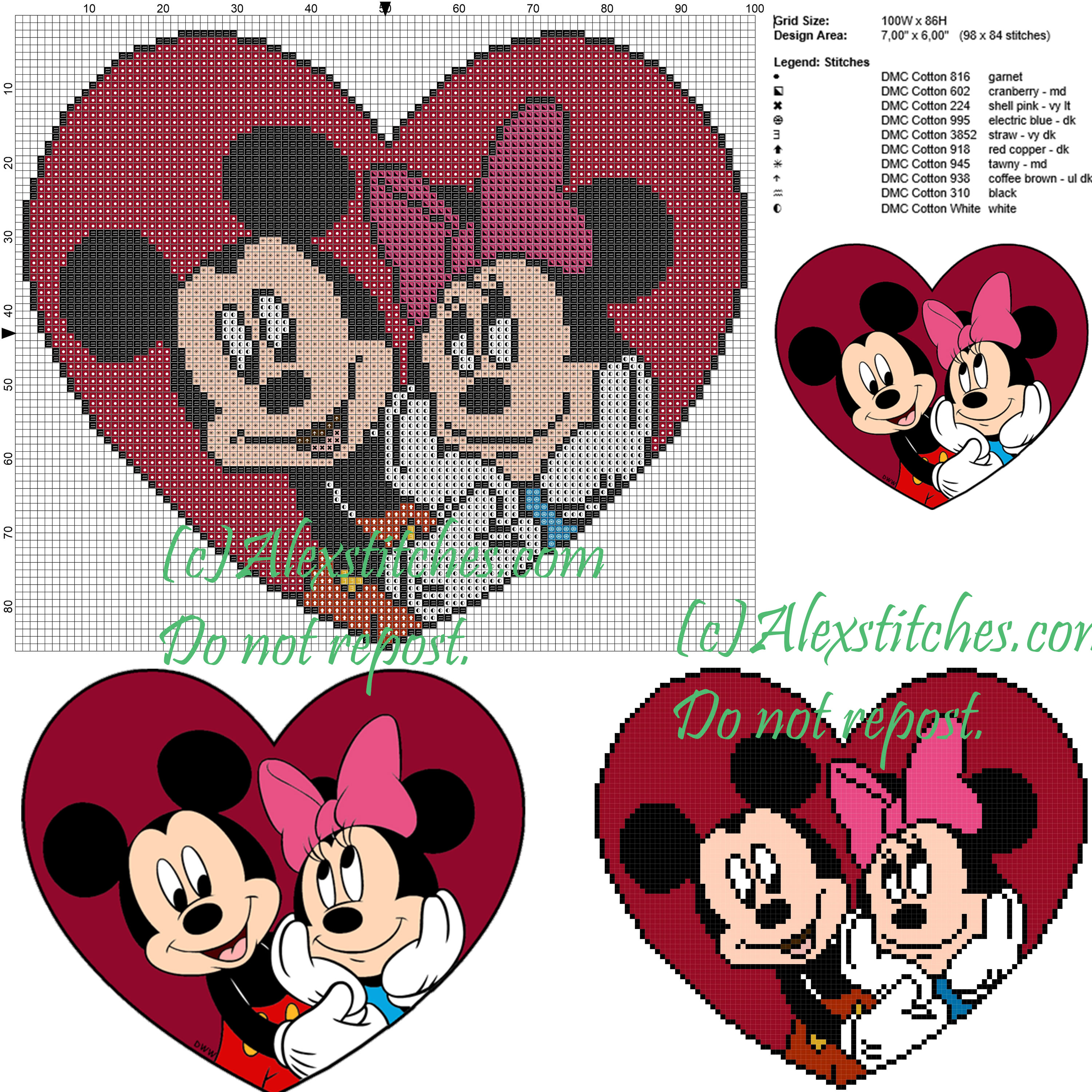 Minnie and Mickey Mouse cross stitch pattern 100x86 10 colors