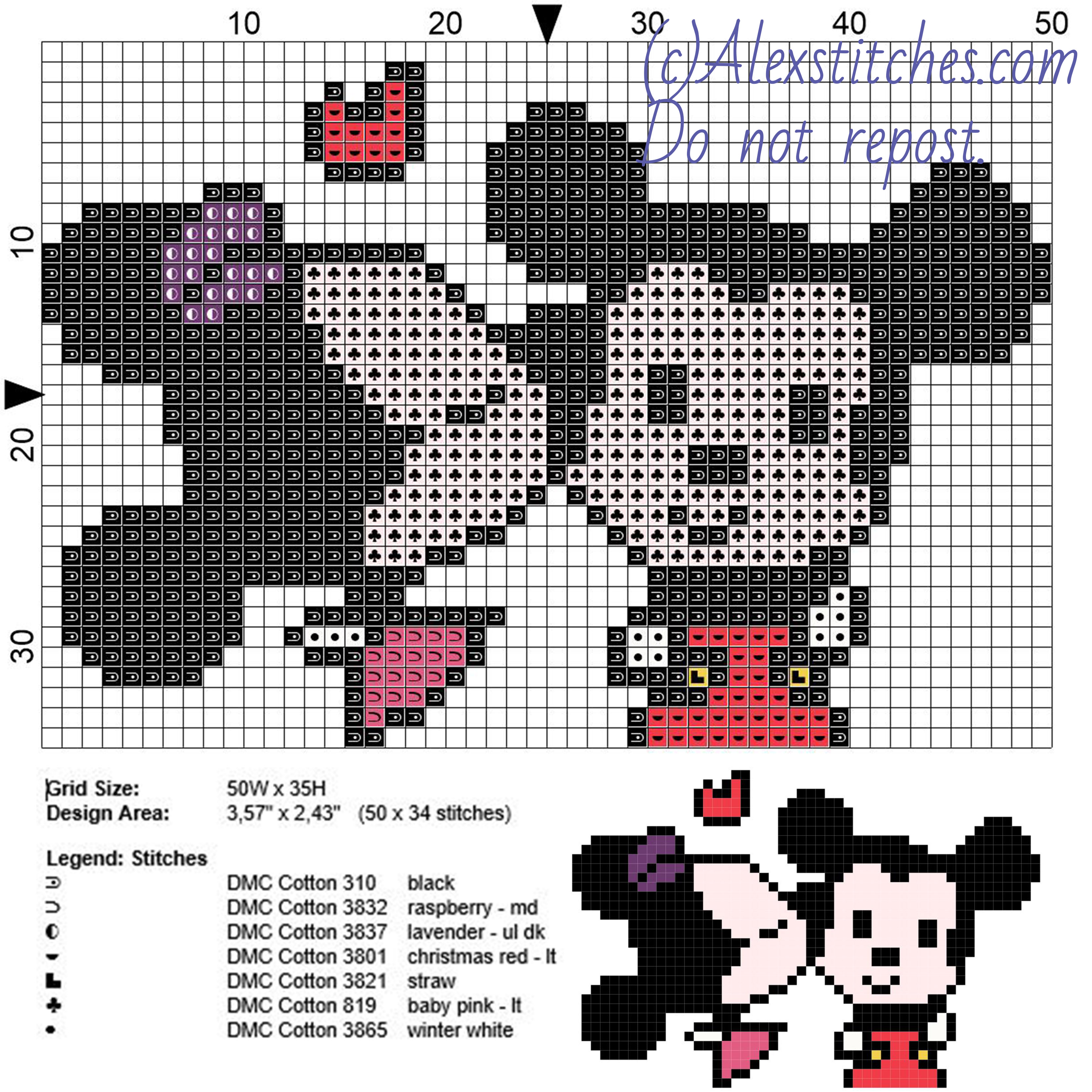 Minnie and Mickey Mouse kiss free disney cross stitch pattern 50x35 7 colors