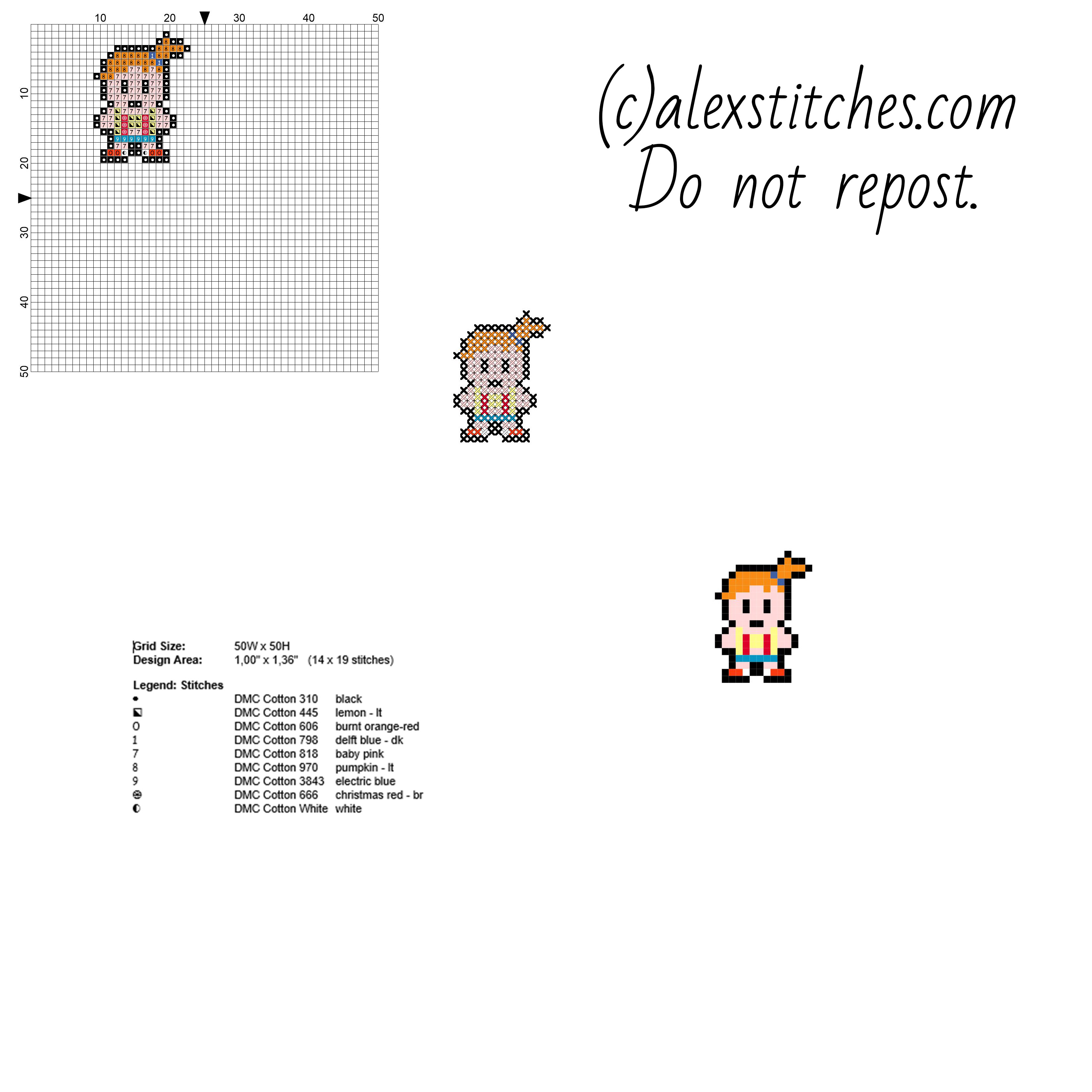 Misty Pokemon female character colored small simple and free cross stitch pattern