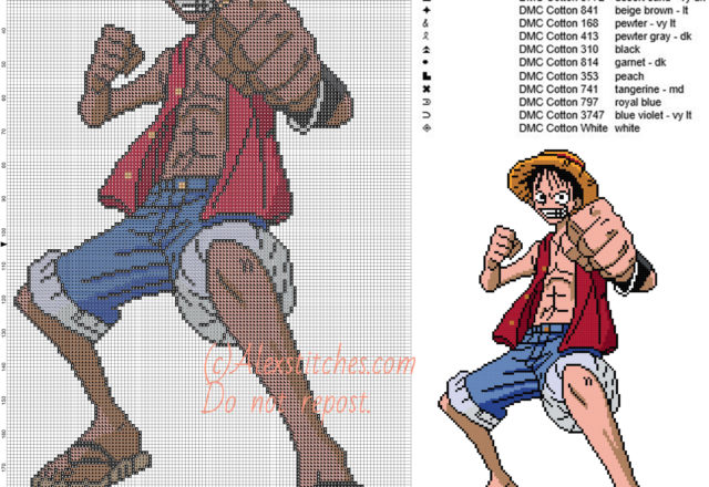 Monkey D_ Rufy (One Piece) free cross stitch pattern 120x207 14 colors