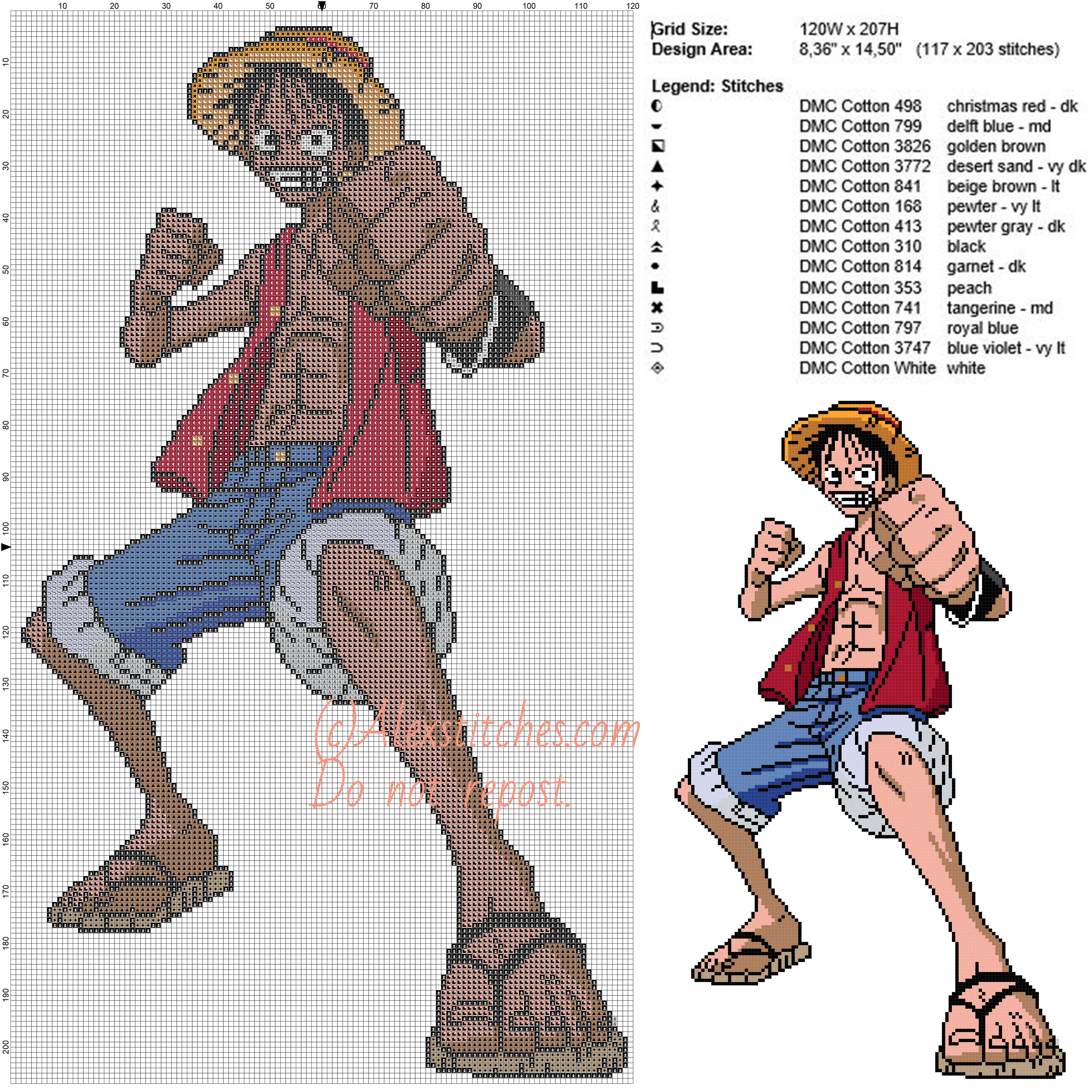 Monkey D_ Rufy (One Piece) free cross stitch pattern 120x207 14 colors