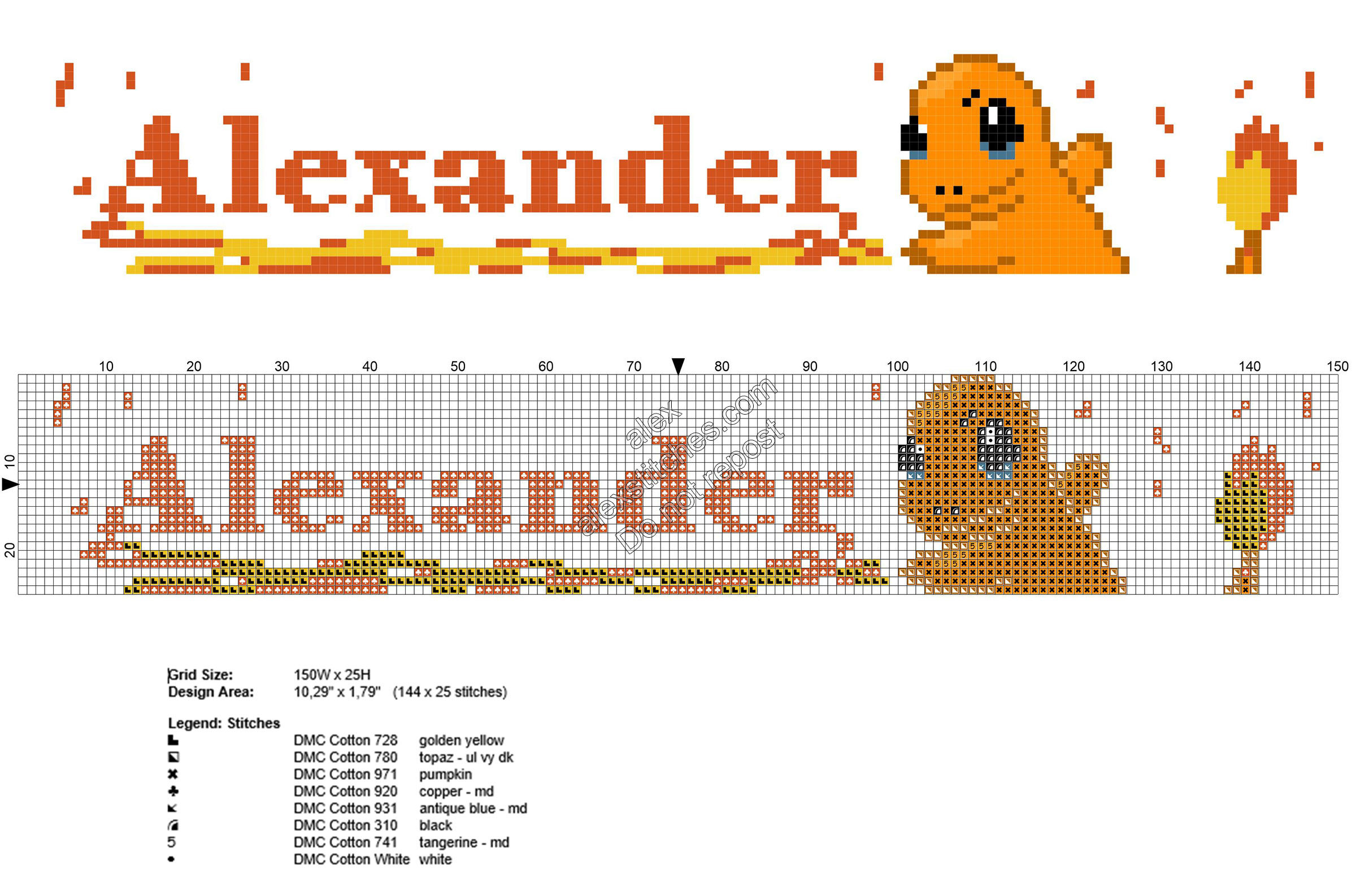 Name Alexander with Charmander free cross stitch pattern