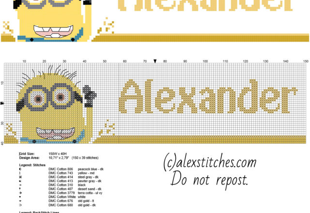 Name Alexander with Minion from Despicable Me movie free cross stitch pattern