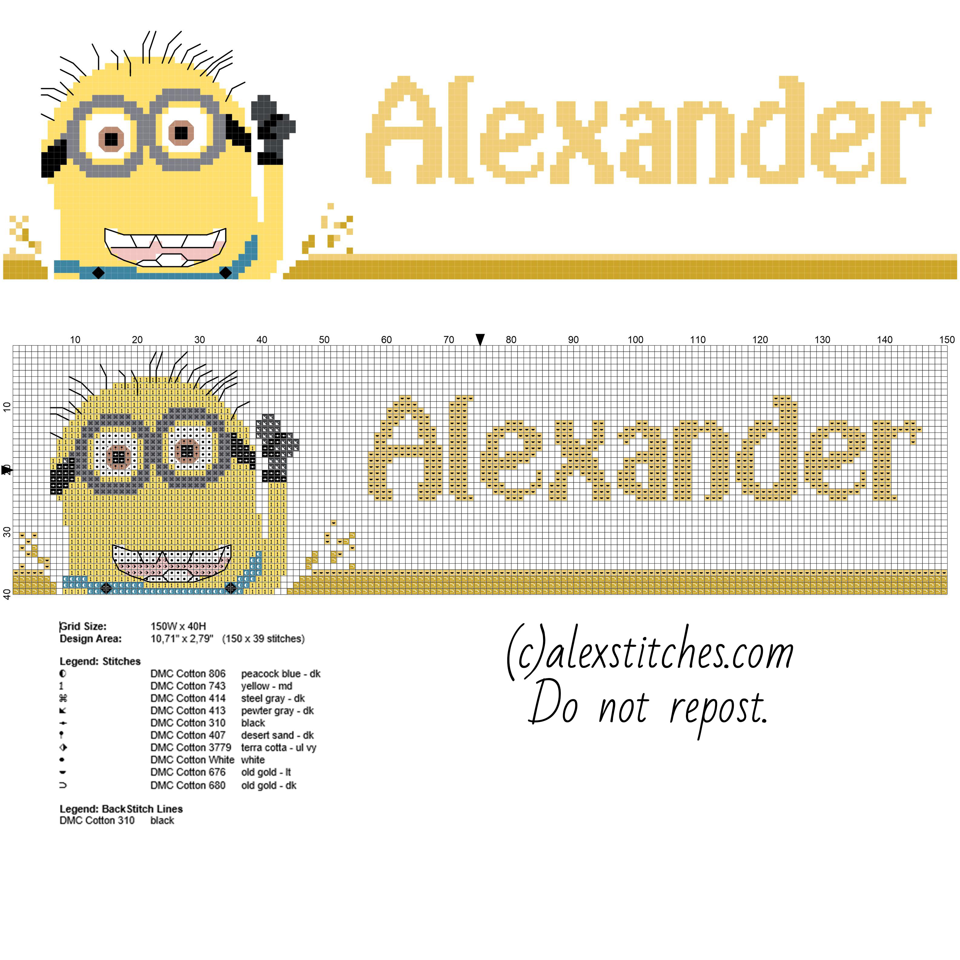 Name Alexander with Minion from Despicable Me movie free cross stitch pattern