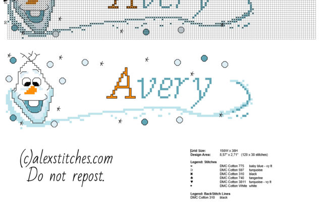 Name Avery with Olaz Disney Frozen free cross stitch pattern download