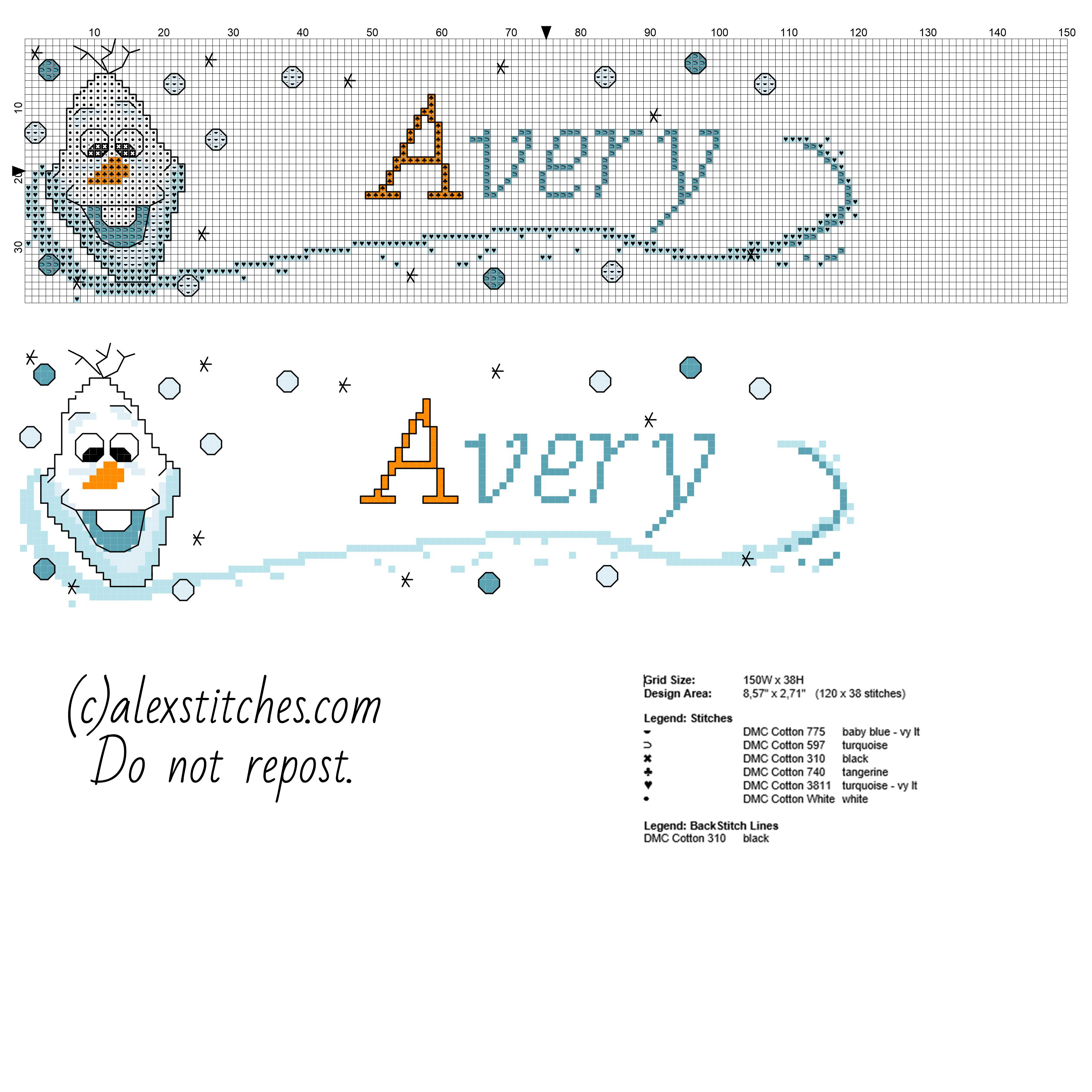 Name Avery with Olaz Disney Frozen free cross stitch pattern download