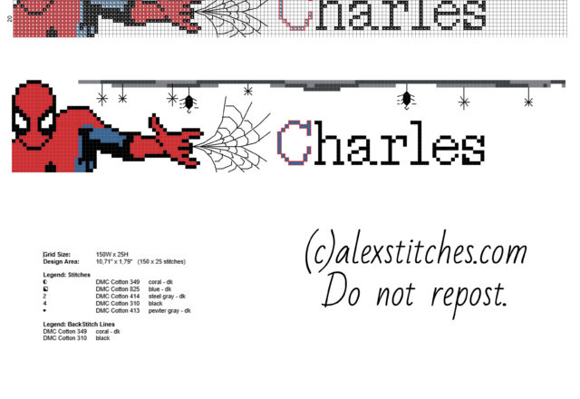 Name Chaqrles with Spider Man and some spiders cross stitch pattern