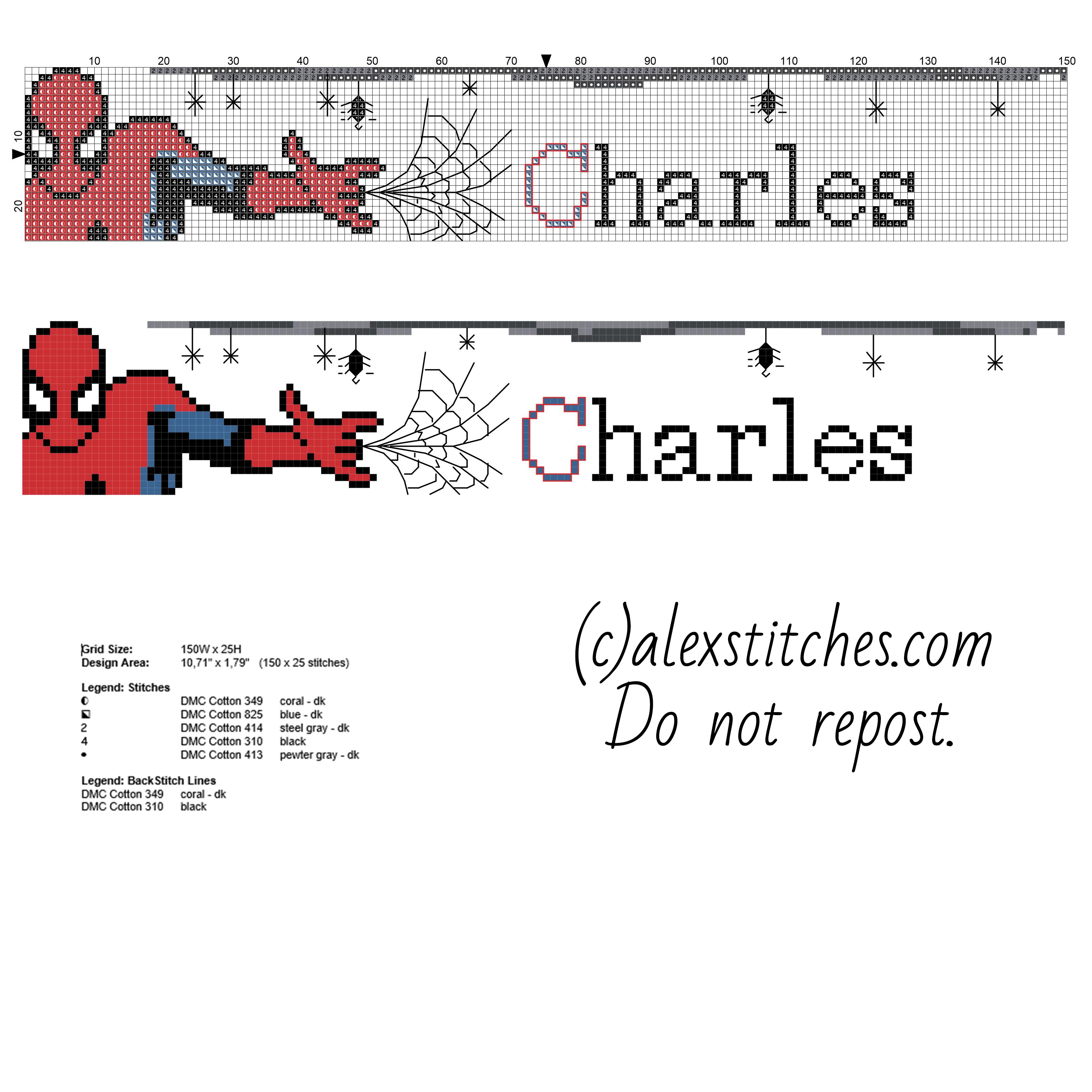 Name Chaqrles with Spider Man and some spiders cross stitch pattern