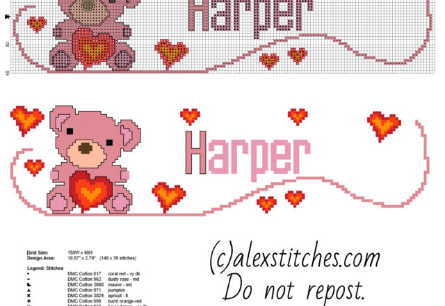 Name Harper female baby cross stitch pattern with a teddy bear