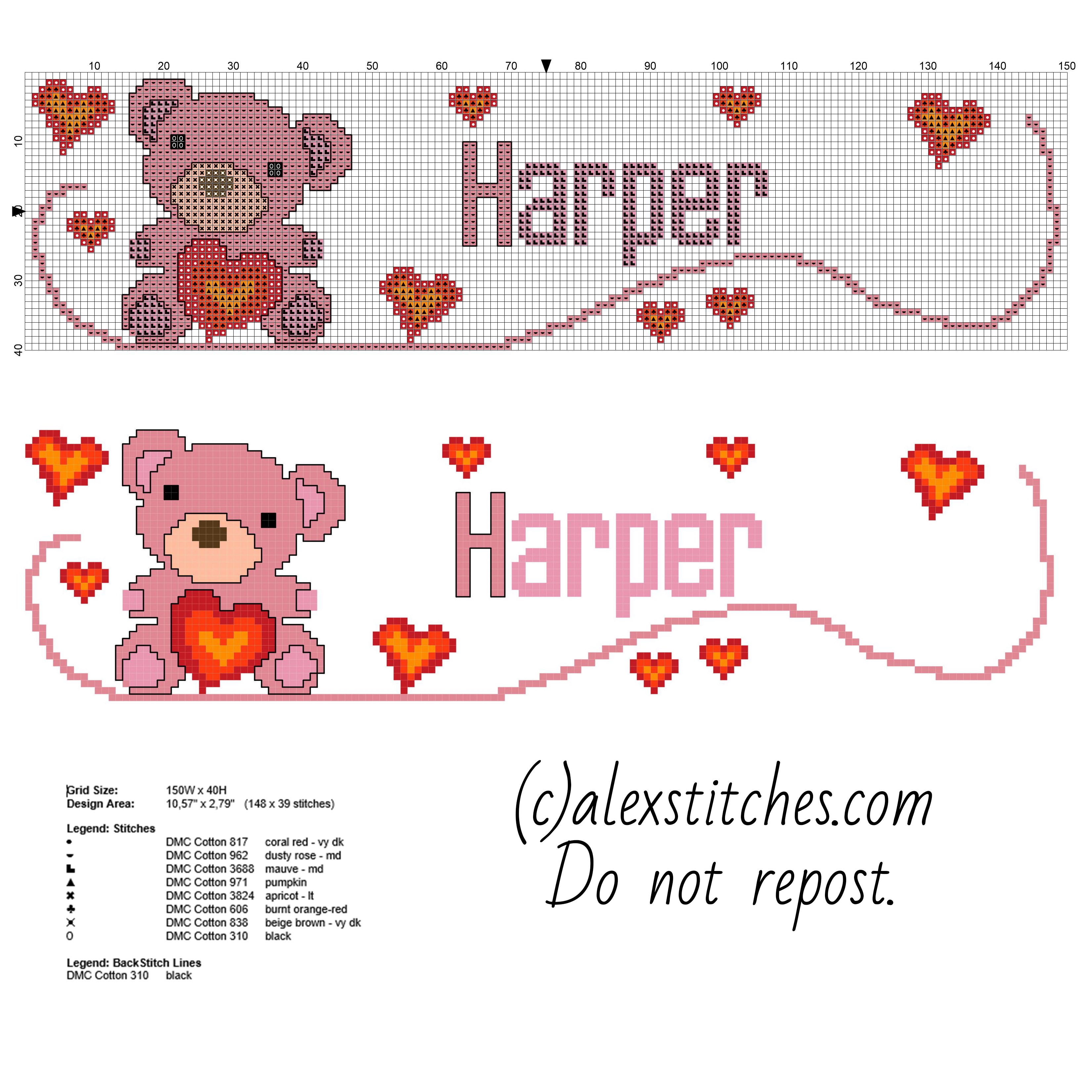 Name Harper female baby cross stitch pattern with a teddy bear