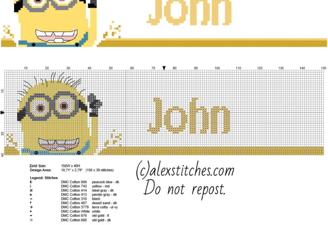 Name John with Despicable Me cartoon movie Minion free cross stitch patterns