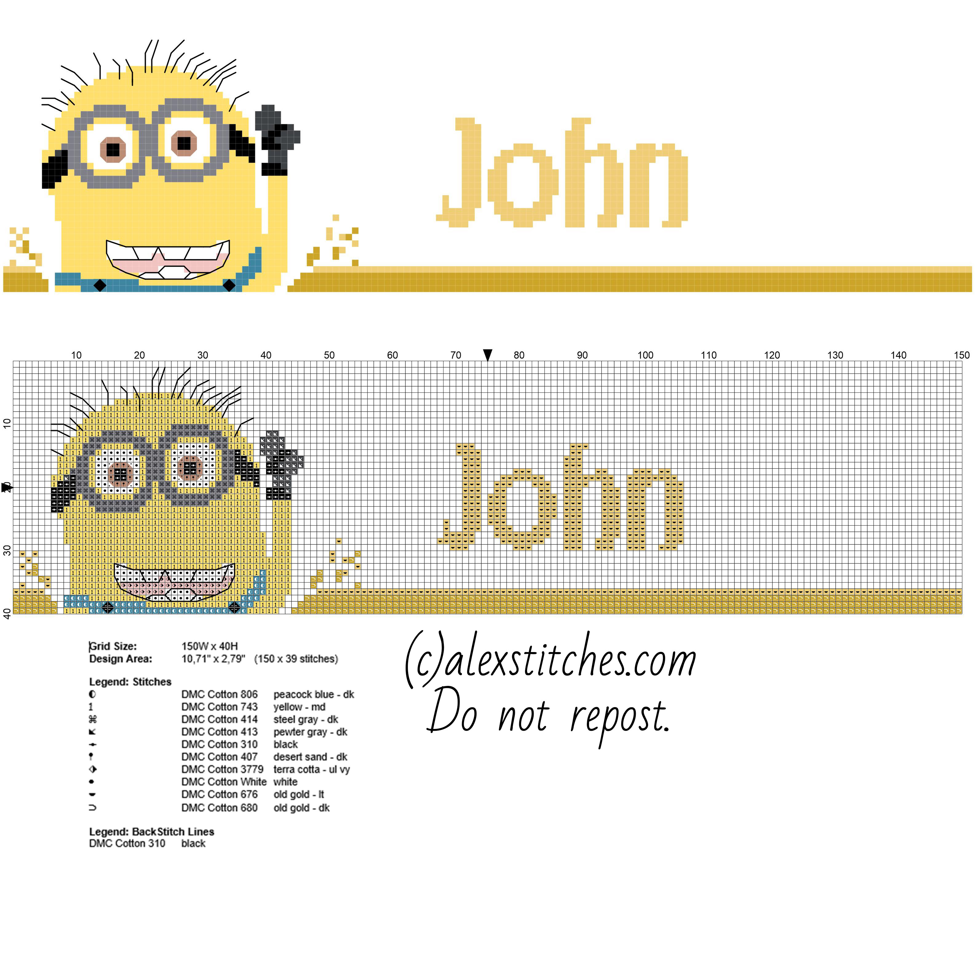 Name John with Despicable Me cartoon movie Minion free cross stitch patterns