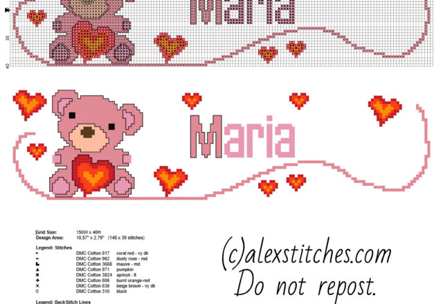 Name Maria with a cute teddy bear with hearts free cross stitch pattern