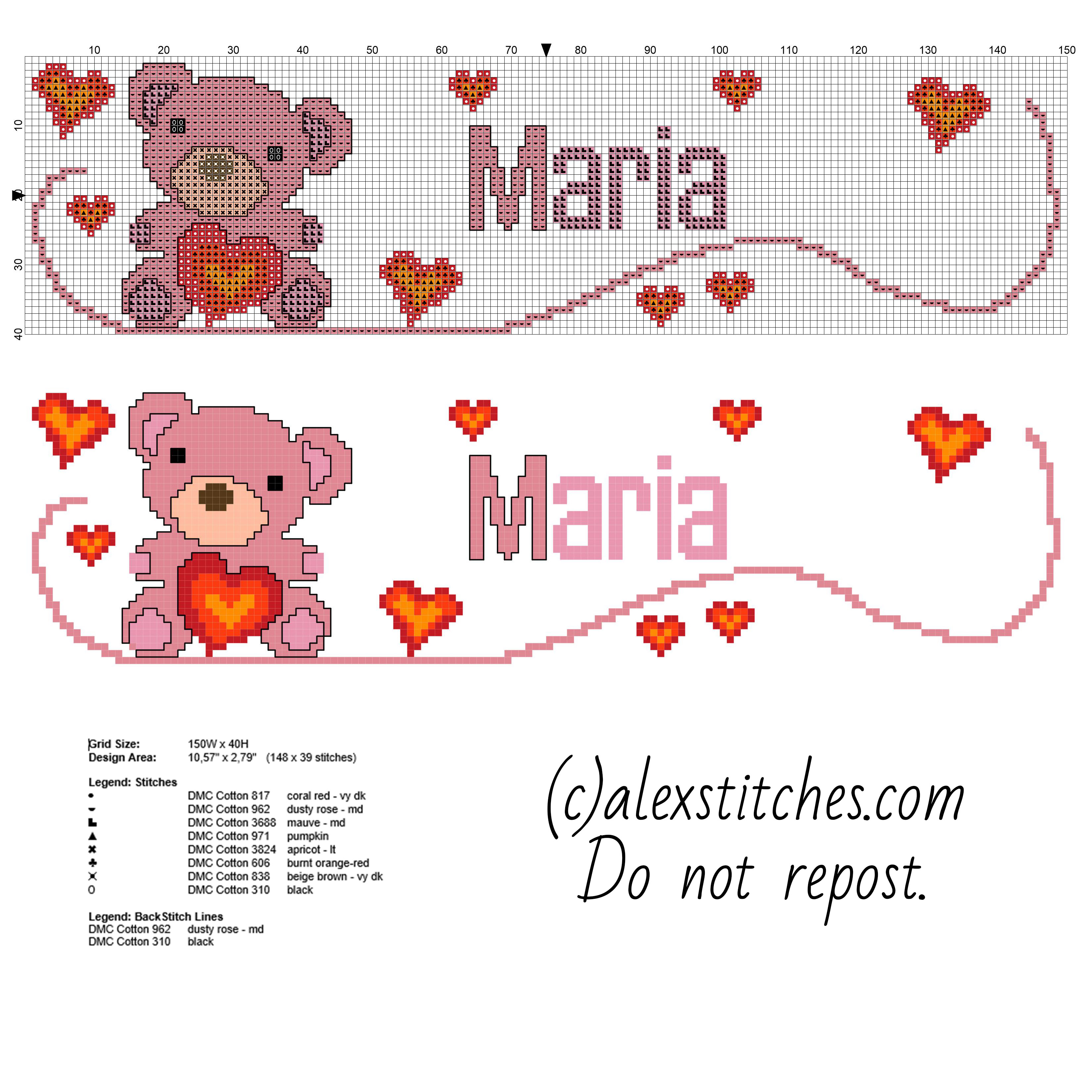 Name Maria with a cute teddy bear with hearts free cross stitch pattern