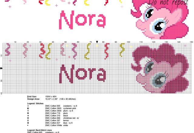 Name Nora with My Little Pony Pinkie Pie free cross stitch pattern download