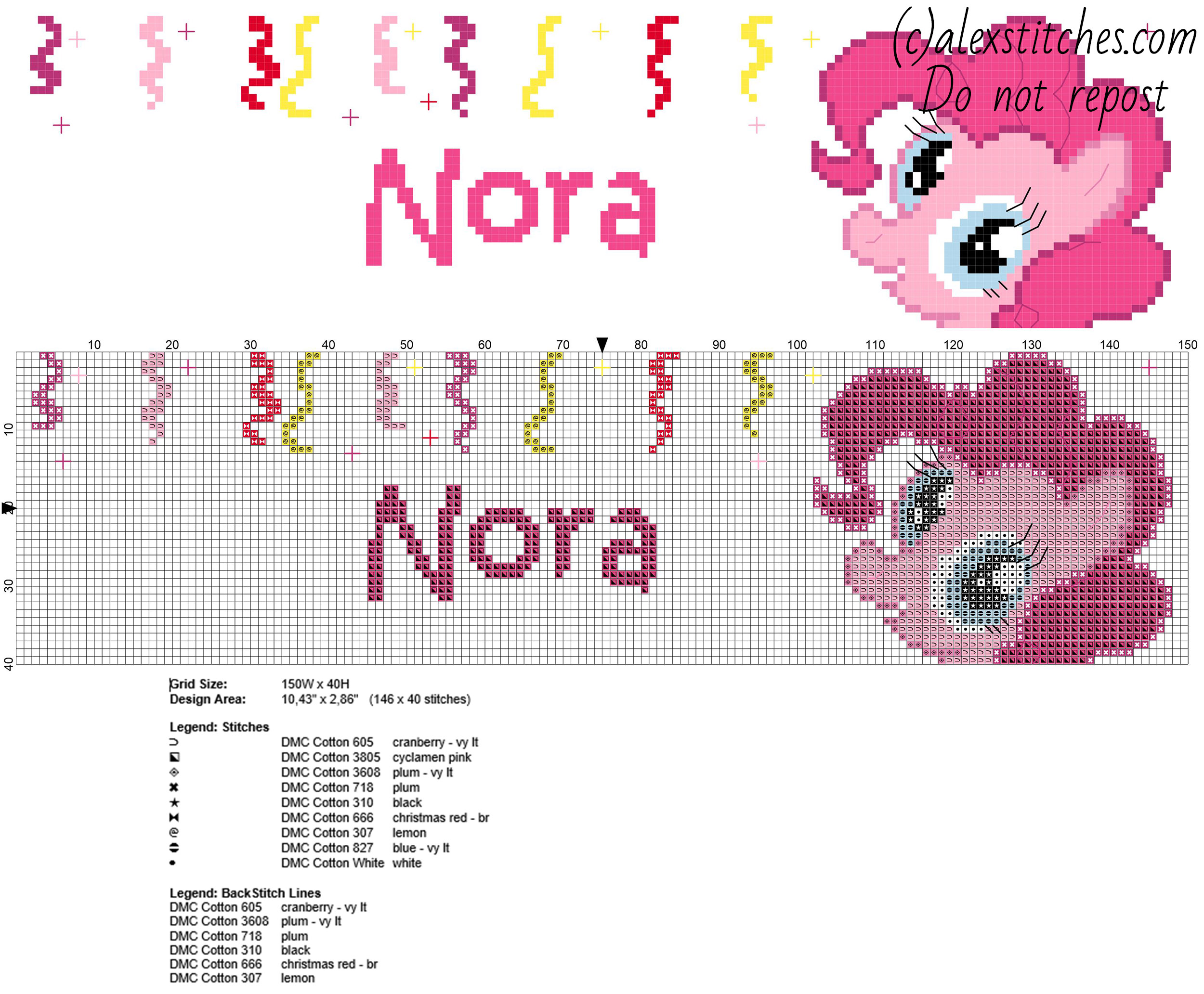 Name Nora with My Little Pony Pinkie Pie free cross stitch pattern download