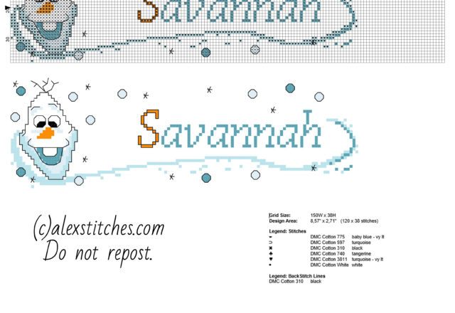 Name Savannah cross stitch name pattern with funny Olaf from Disney Frozen cartoon