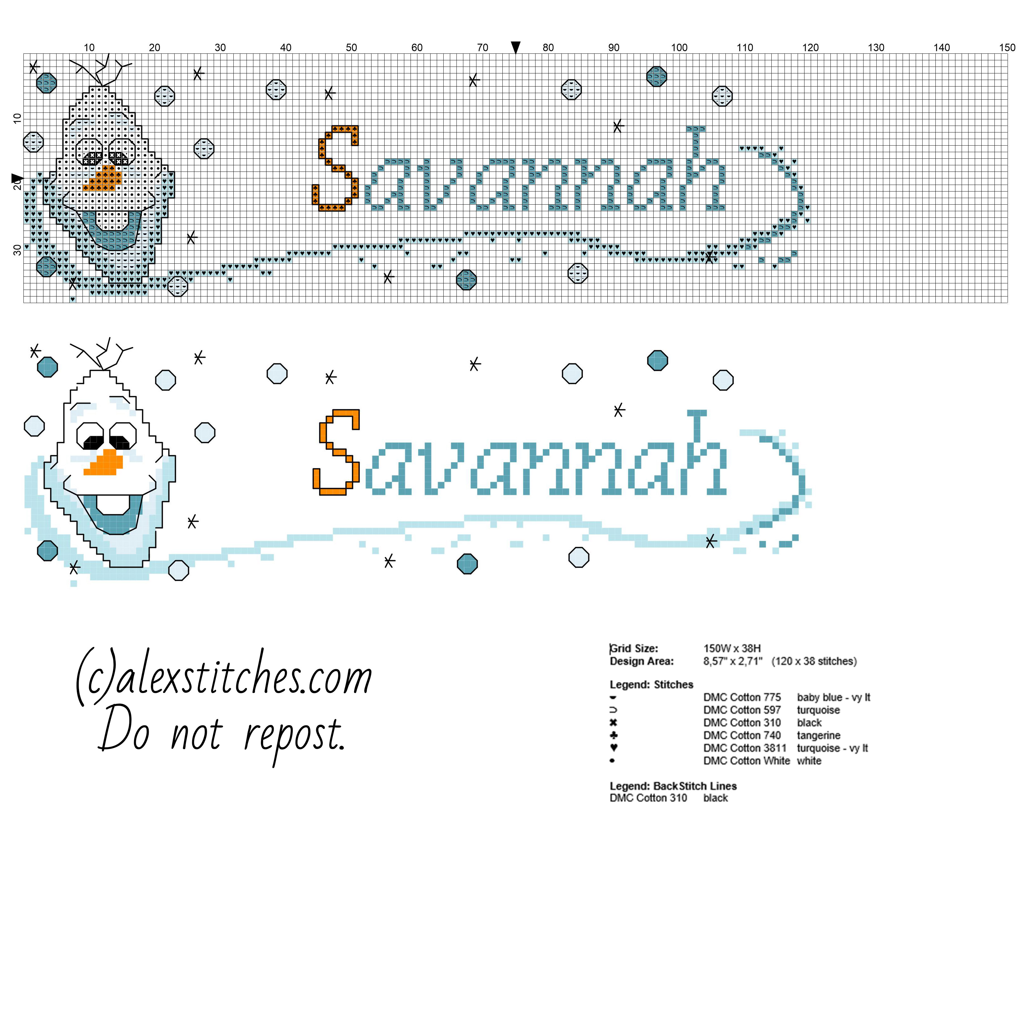 Name Savannah cross stitch name pattern with funny Olaf from Disney Frozen cartoon