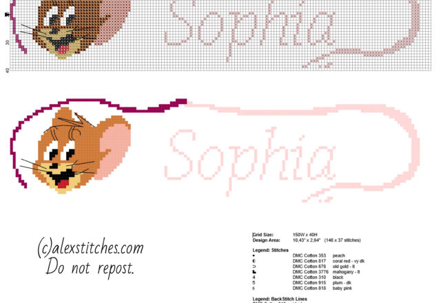 Name Sophia cross stitch pattern baby bib idea with Jerry mice