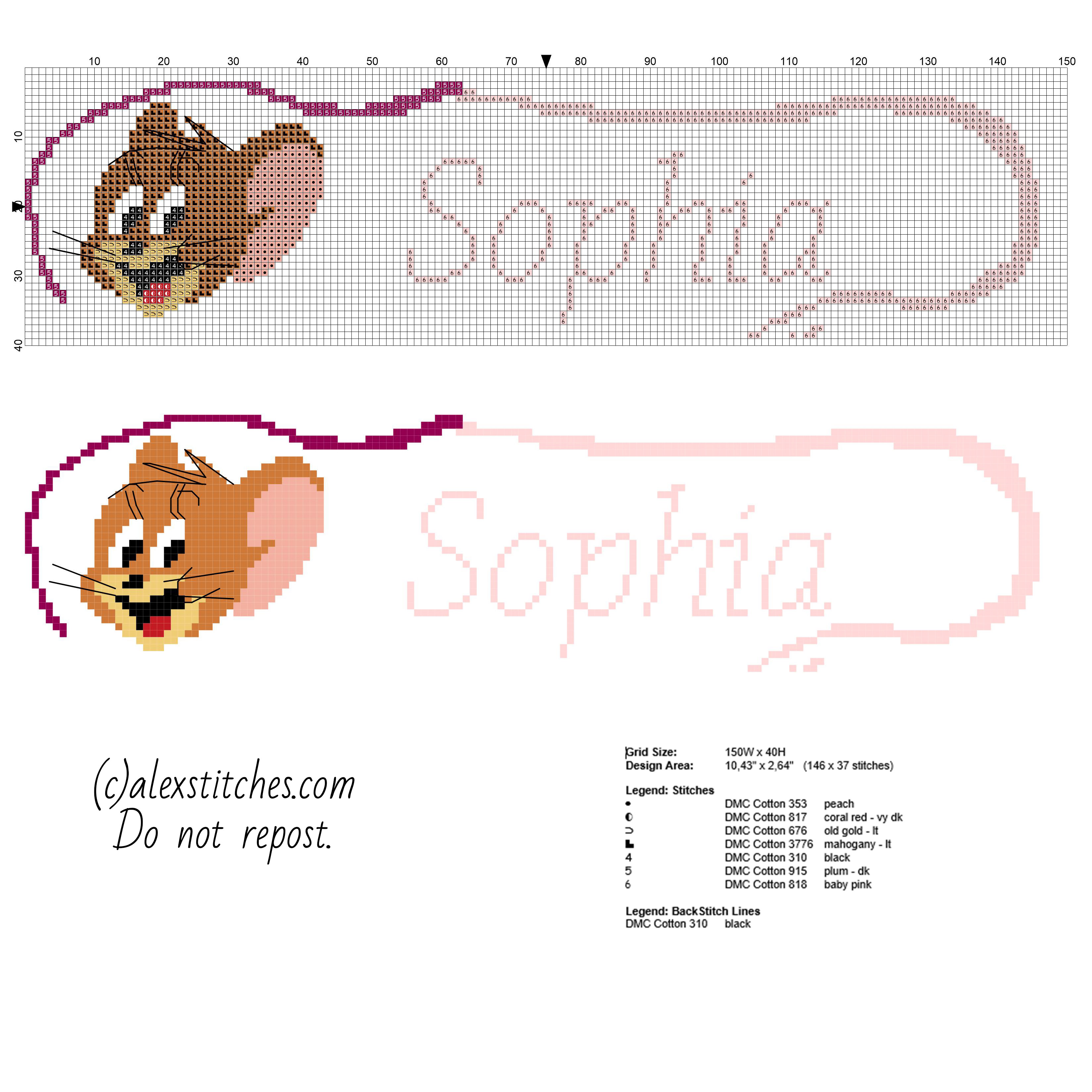 Name Sophia cross stitch pattern baby bib idea with Jerry mice