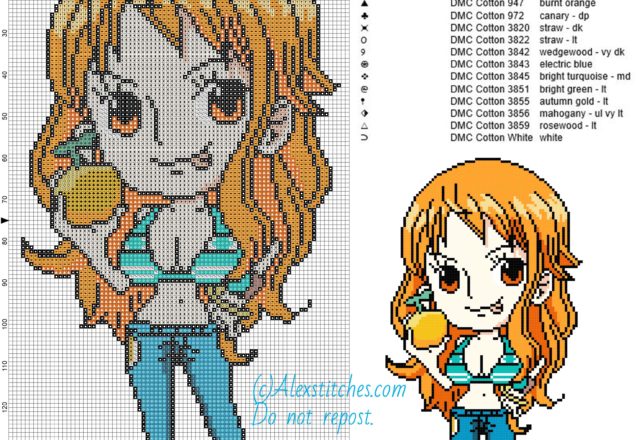 Nami (One Piece) free cross stitch pattern 82x150 15 colors