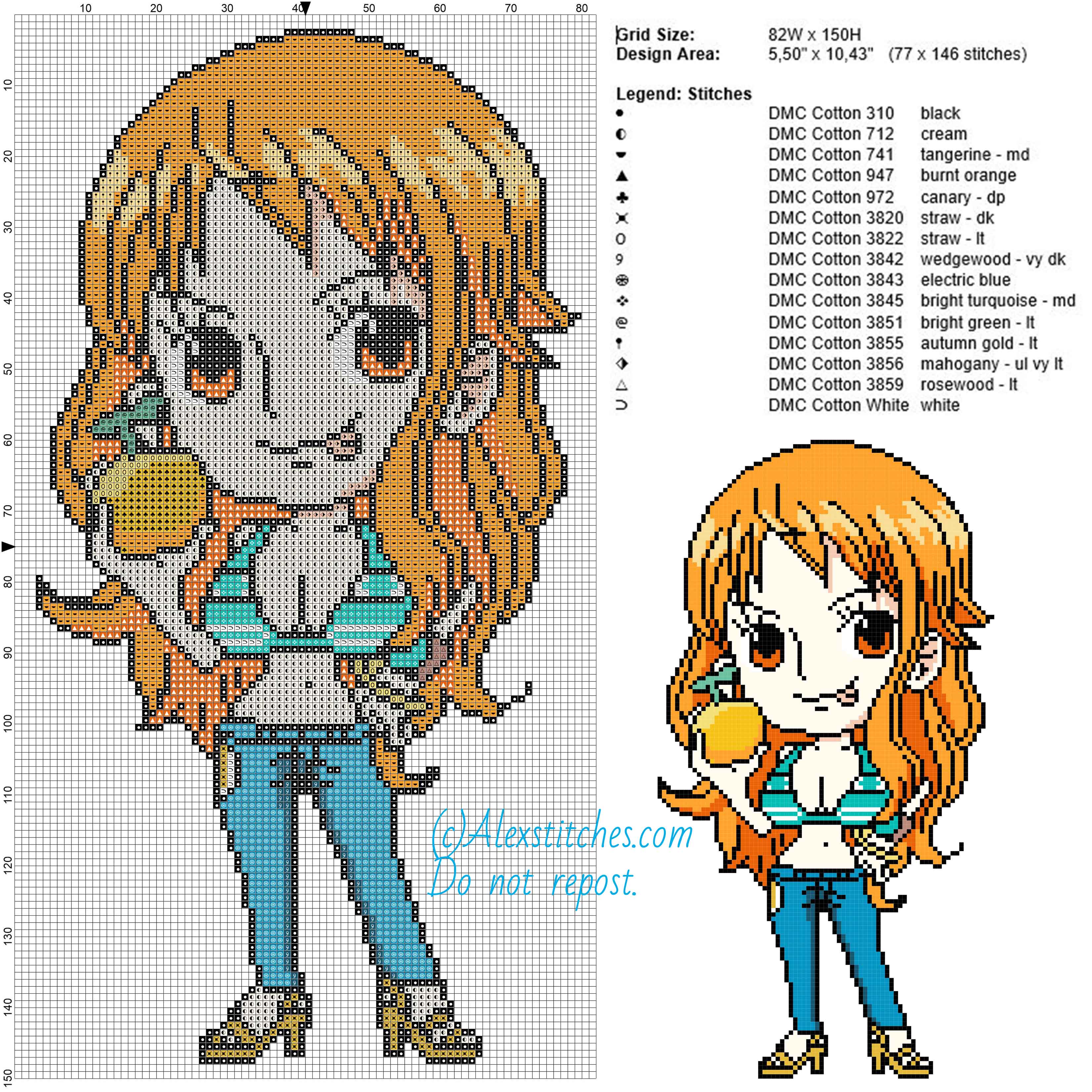 Nami (One Piece) free cross stitch pattern 82x150 15 colors