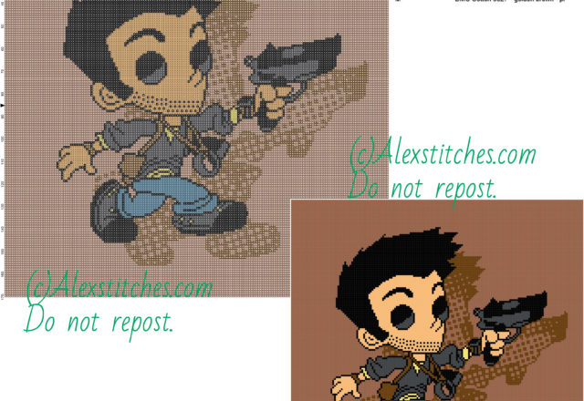 Nathan Drake (Uncharted) free cross stitch pattern 170x170 7 colors