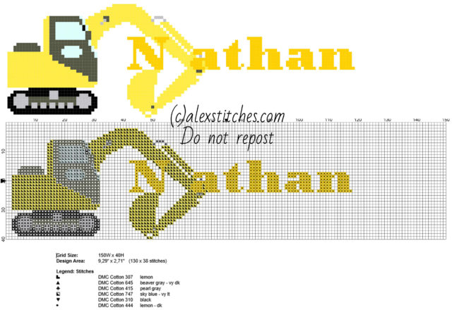 Nathan cross stitch baby male name with the excavator