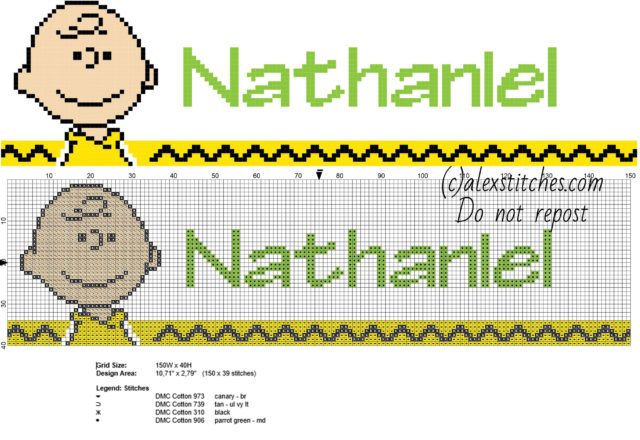 Nathaniel cross stitch baby male name with Peanuts Charlie Brown