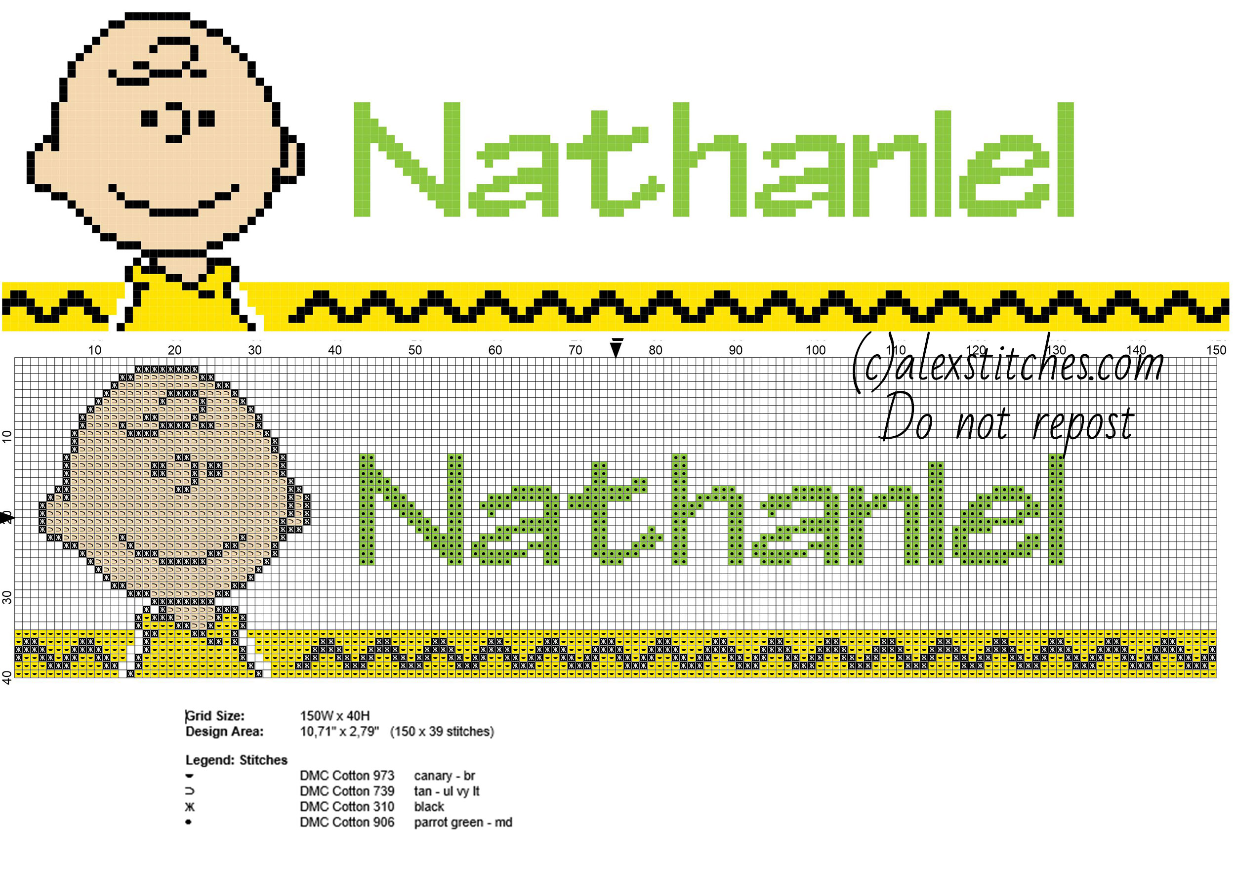 Nathaniel cross stitch baby male name with Peanuts Charlie Brown