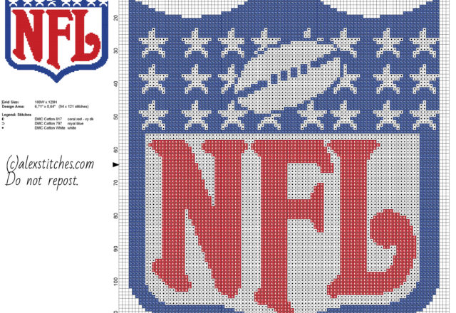 National Football League NFL logo free cross stitch pattern 94 x 121 stitches 3 DMC threads