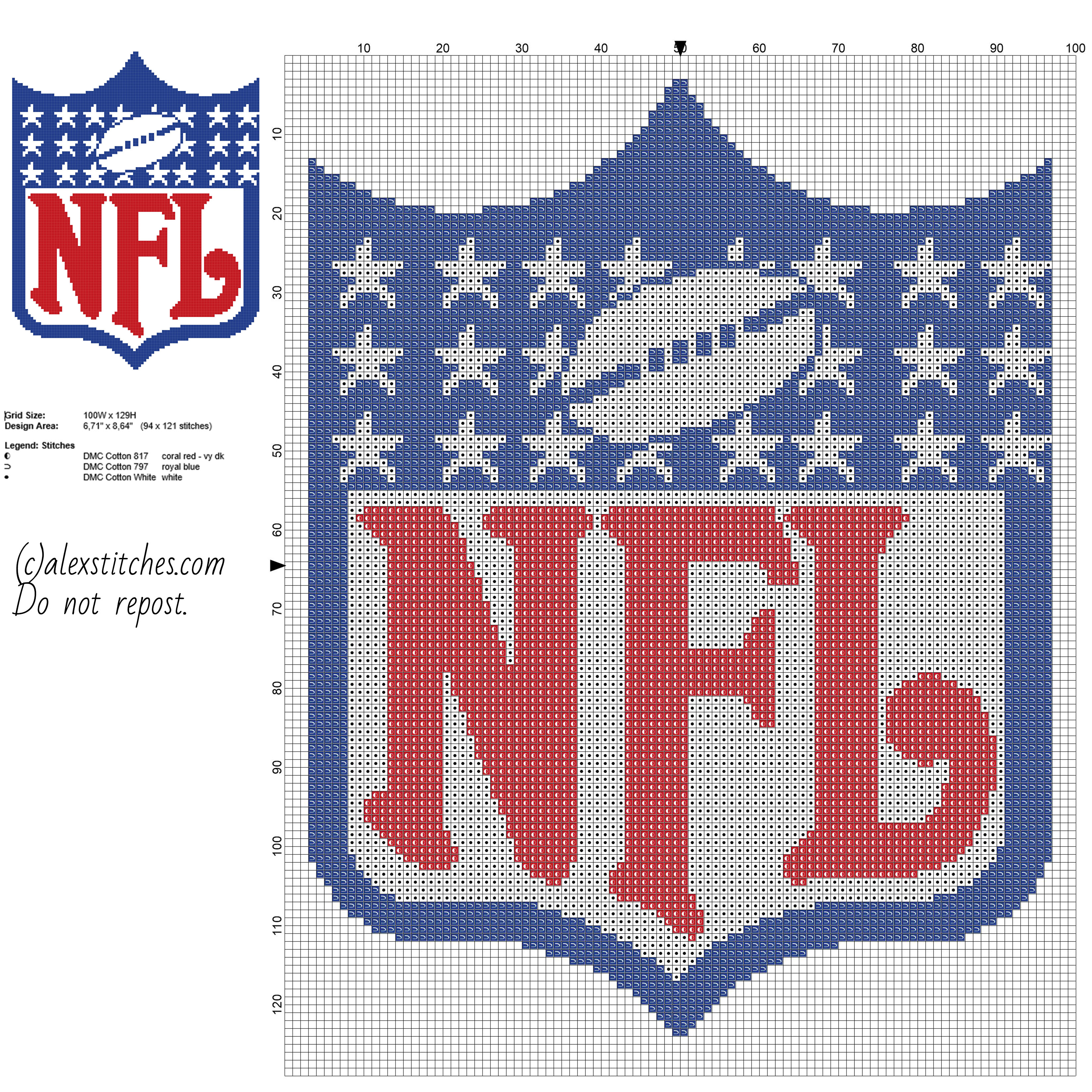National Football League NFL logo free cross stitch pattern 94 x 121 stitches 3 DMC threads
