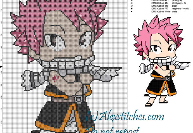 Natsu (Fairy Tail) cross stitch pattern 100x151 10 colors