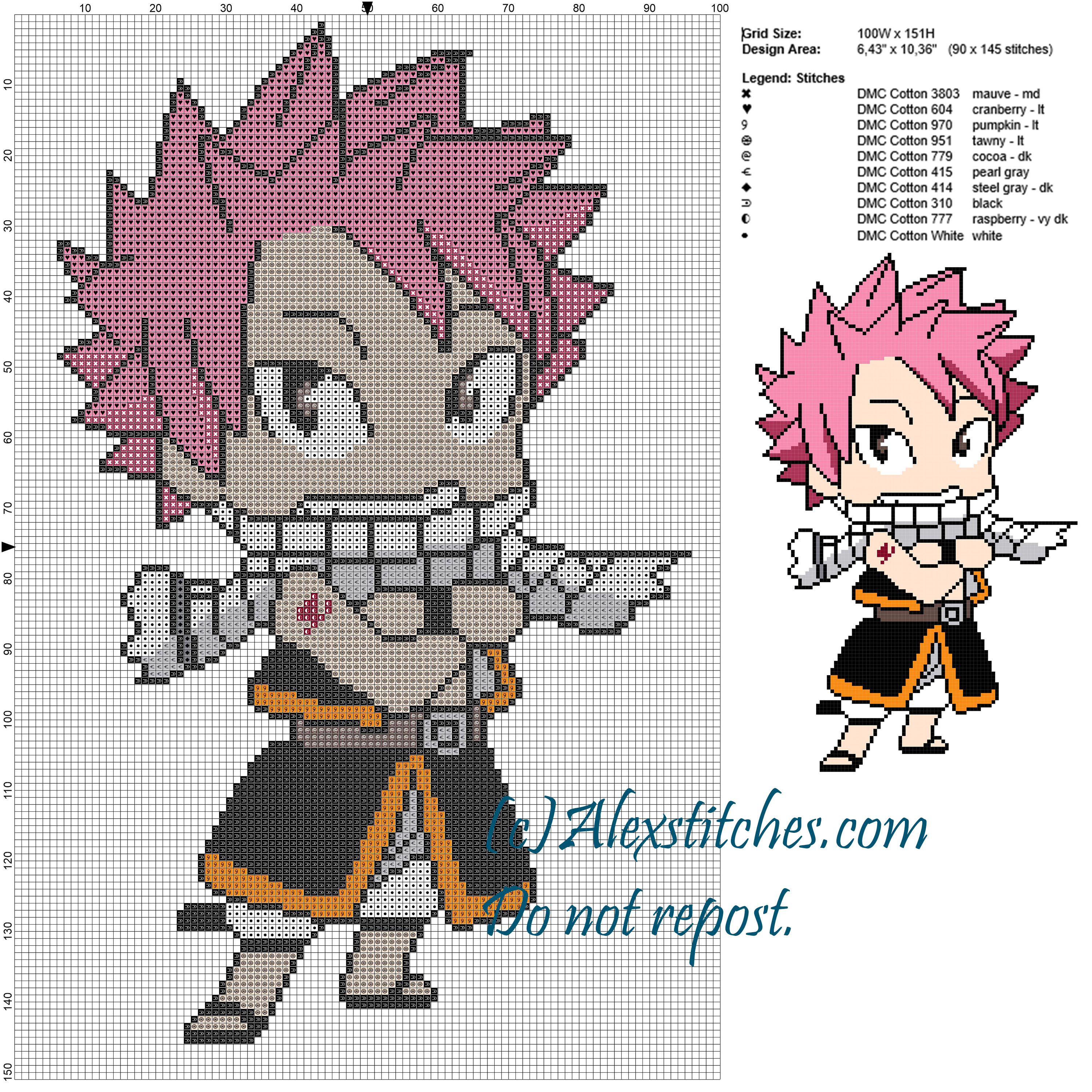 Natsu (Fairy Tail) cross stitch pattern 100x151 10 colors