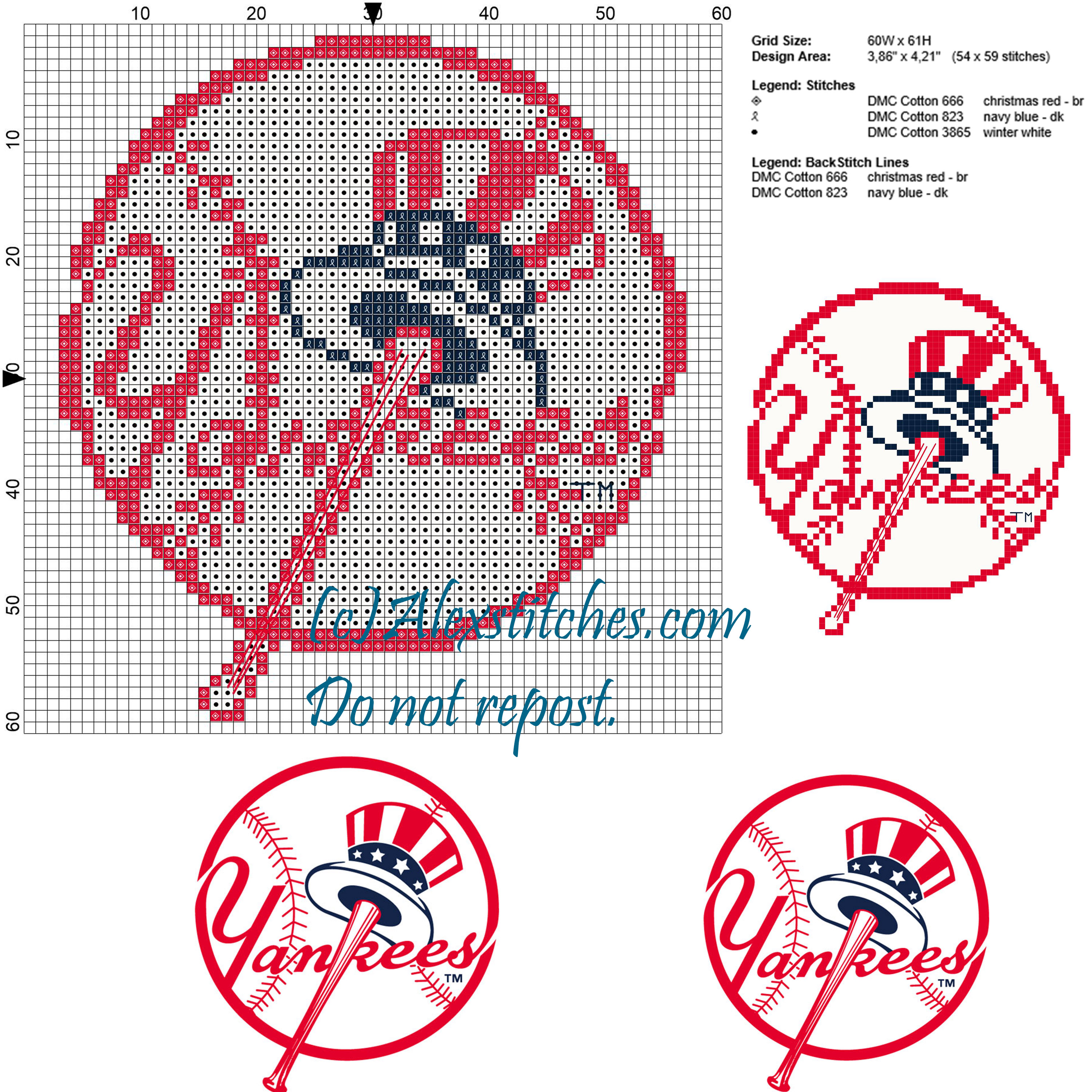 New York Yankees Major League Baseball MLB cross stitch pattern 60x61 3 colors