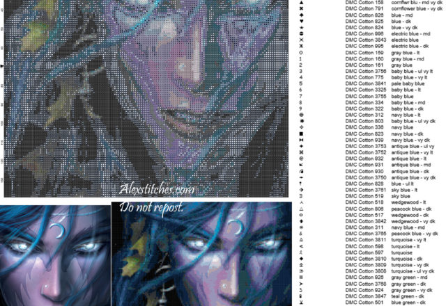 Night Elf World Of Warcraft cross stitch pattern 150x139 100 colors