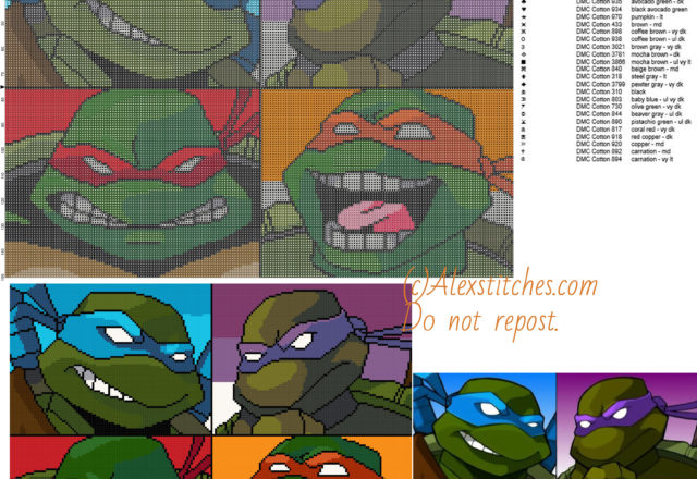 Ninja Turtles free cross stitch pattern 200x150 31 colors