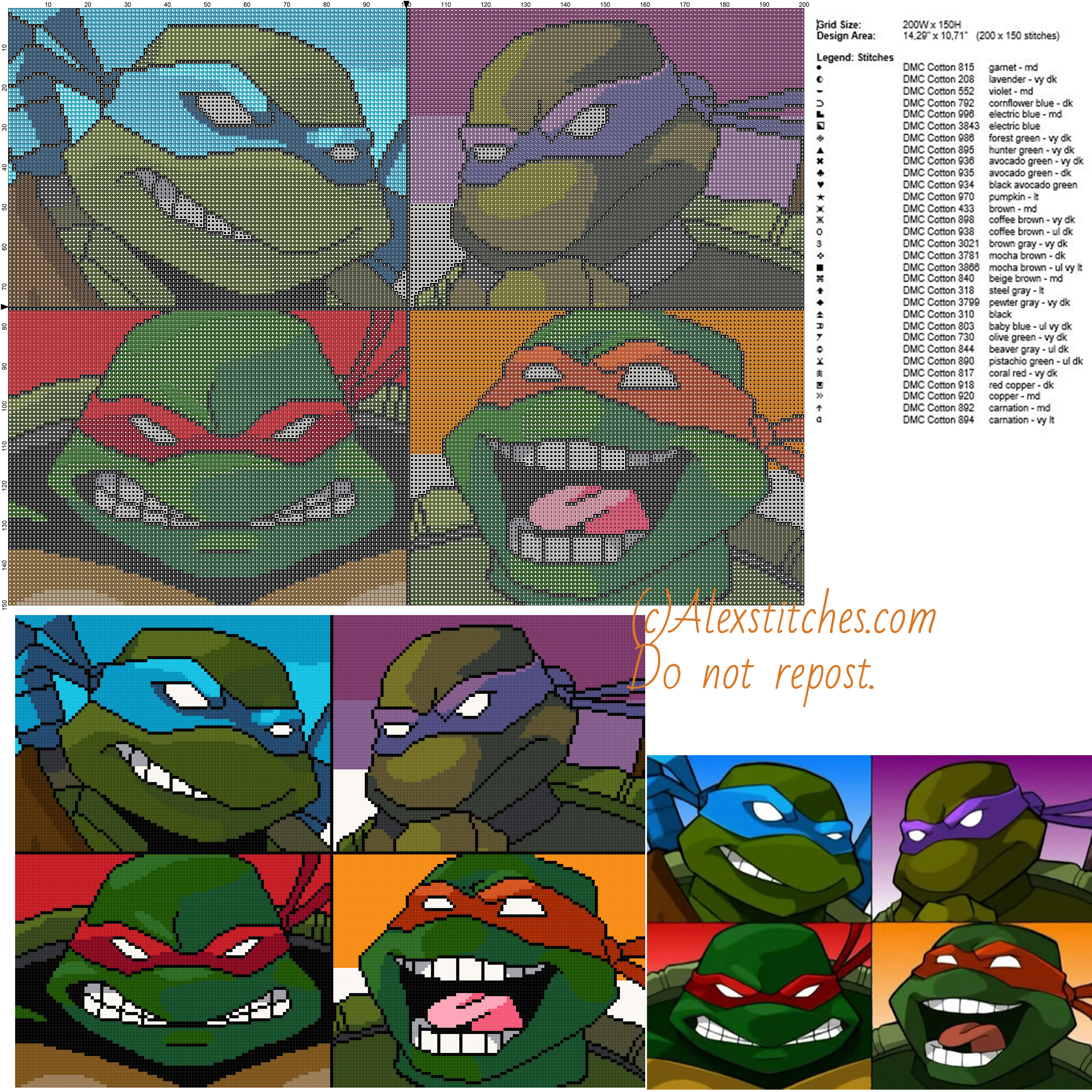 Ninja Turtles free cross stitch pattern 200x150 31 colors