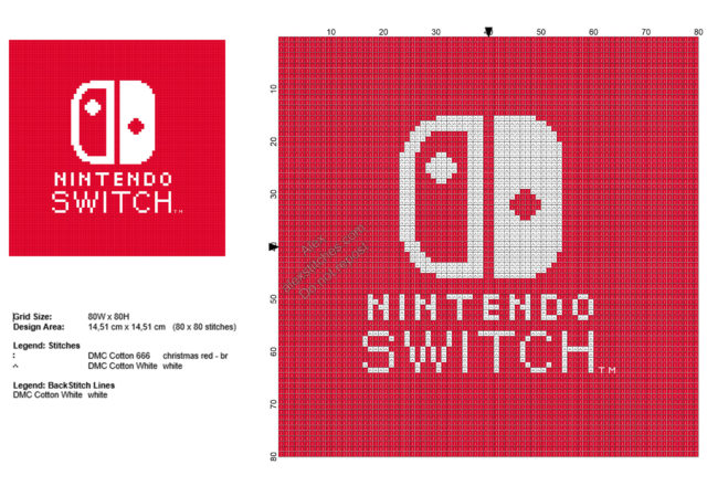 Nintendo Switch logo free cross stitch pattern 80x80
