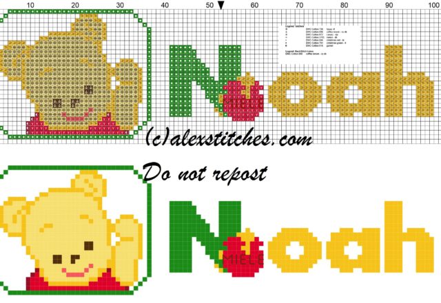 Noah name with Baby winnie the pooh free cross stitches pattern