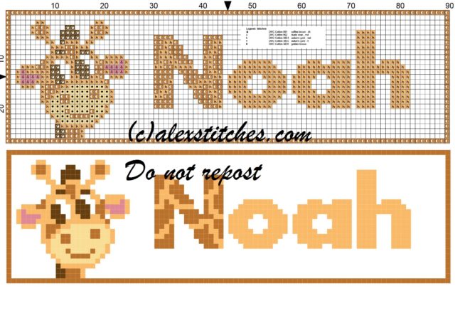 Noah name with giraffe cross stitch pattern