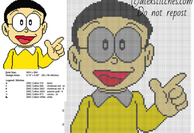 Nobita Doraemon cartoon character free cross stitch pattern 86 x 96 stitches 6 DMC threads