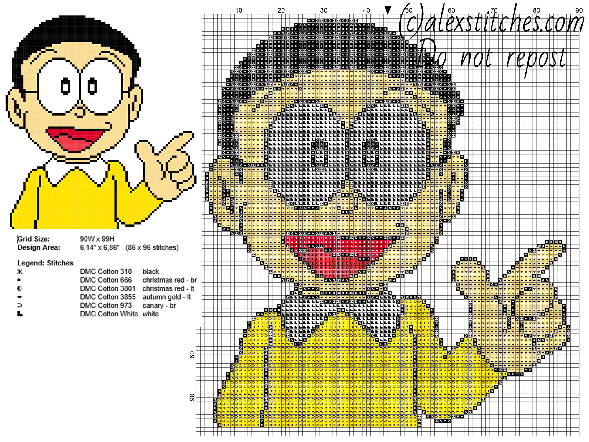 Nobita Doraemon cartoon character free cross stitch pattern 86 x 96 stitches 6 DMC threads