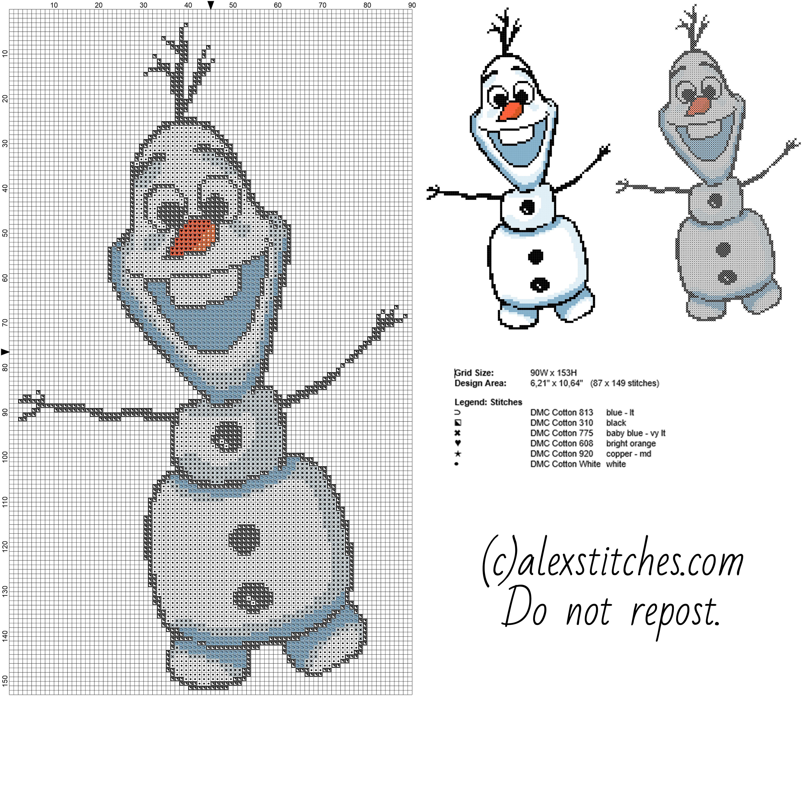 Olaf Disney Frozen snowman character free cross stitch pattern