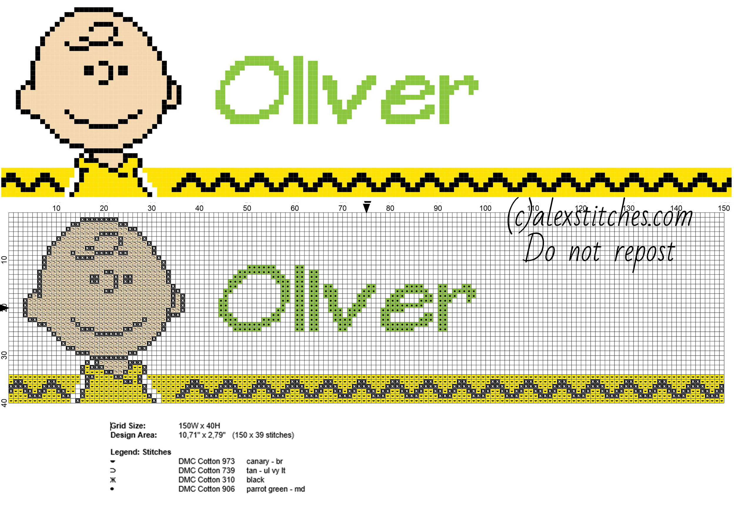 Oliver cross stitch baby male name with Peanuts Charlie Brown